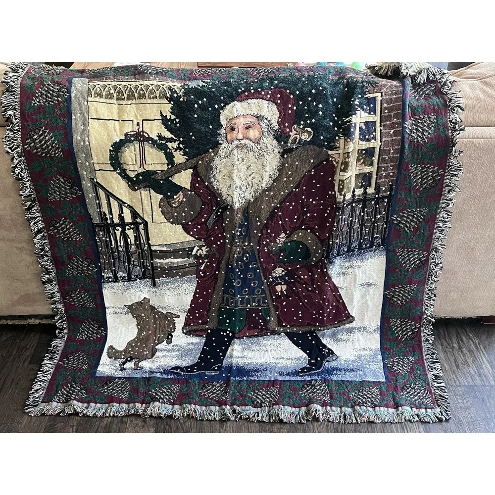 Christmas Santa Claus Toys Tapestry Throw Blanket 57x52 Walking Fringe